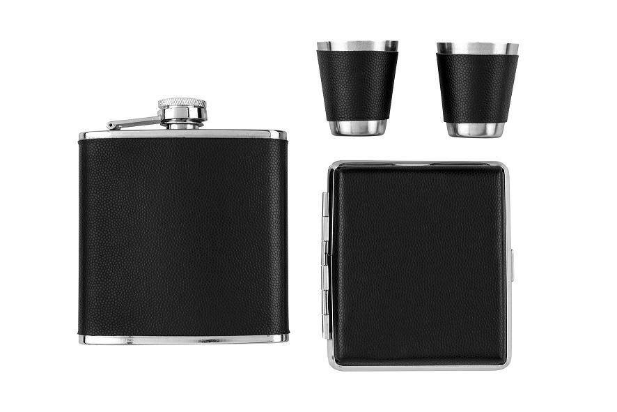 Set no. 9- hip flask, 2 glasses + cigarette case