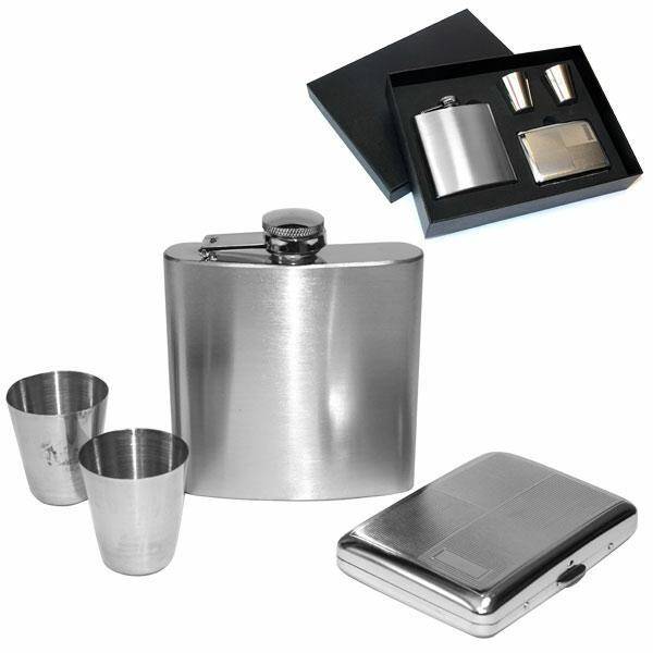 Set no. 8- hip flask, 2 glasses + cigarette case